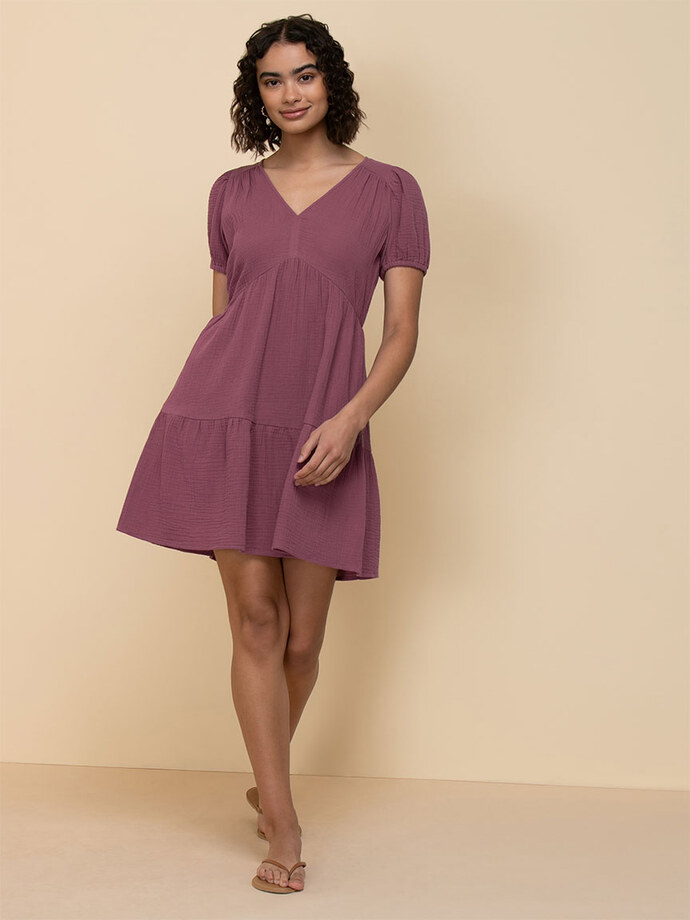 Puff Sleeve Tiered Dress in Crinkle Cotton Image 5