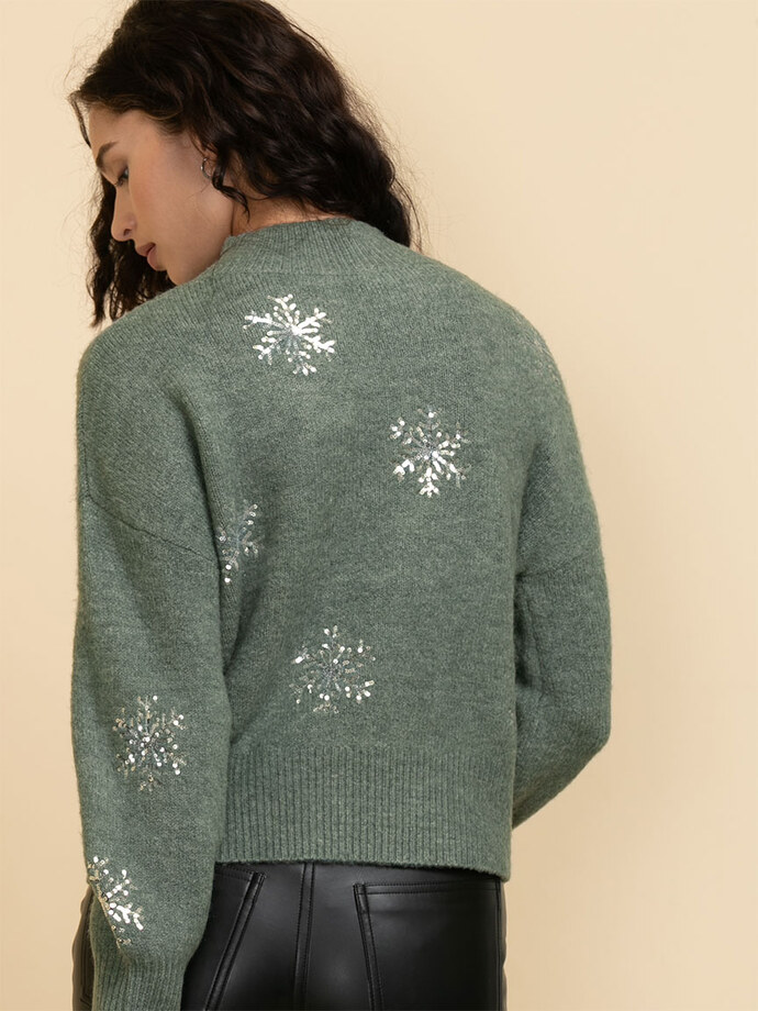 Mock Neck Sequin Snowflake Sweater Image 5