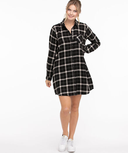 Flannel Shirt Dress, Black Plaid Flannel Shirt Dress, Black Plaid