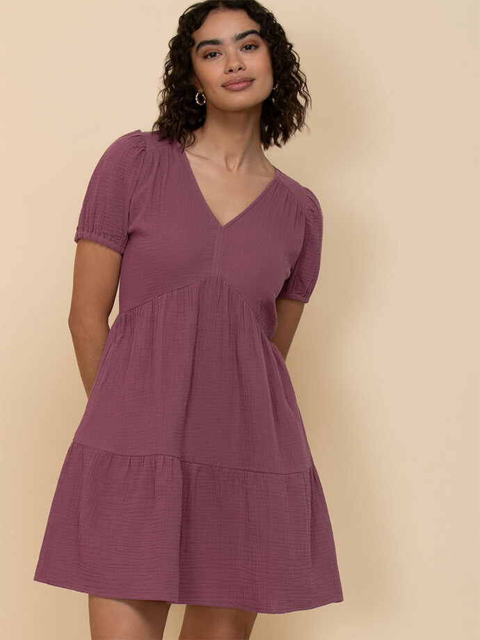 Puff Sleeve Tiered Dress in Crinkle Cotton Image 3