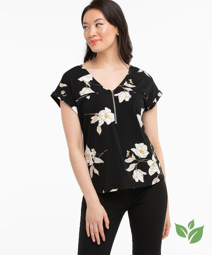 Eco-Friendly V-Neck Zipper Top, Black Floral Print