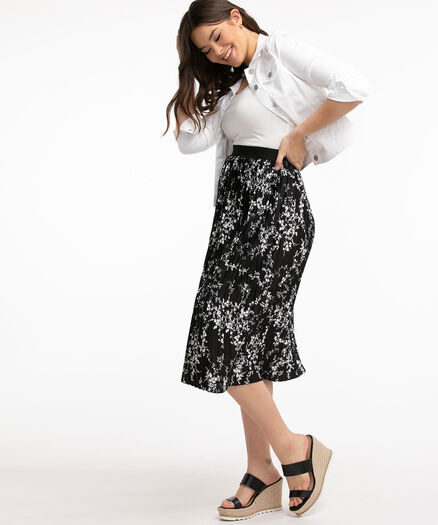 Pull-On Plisse Skirt, Black/White Floral