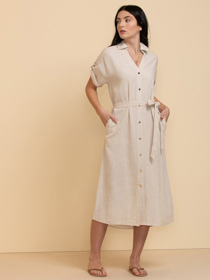 Linen Shirtdress with Roll Sleeves Image 1