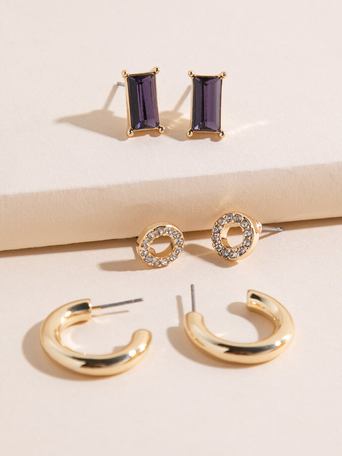 Studded Gold Pave Circle + Emerald Cut + Hoop Earring Trio Image 3