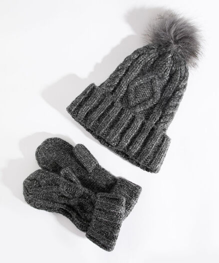Soft Cable Knit Hat & Mitten Set, Black