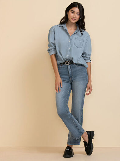 Relaxed Denim Button-Up Shirt, Mid Wash