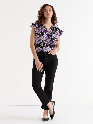 Flutter Sleeve V-Neck Blouse, Purple Floral Flutter Sleeve V-Neck Blouse, Purple Floral