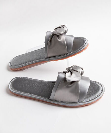 Satin Twisted Bow Slippers, Grey
