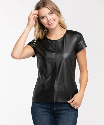 Leatherette Short Sleeve Top, Black