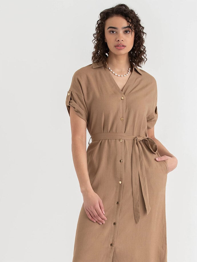 Linen Shirtdress with Roll Sleeves Image 2