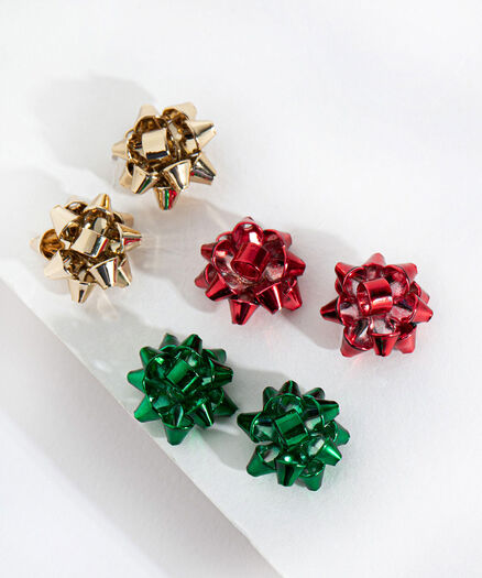 Bow Earring Trio, Red/Yellow/Green