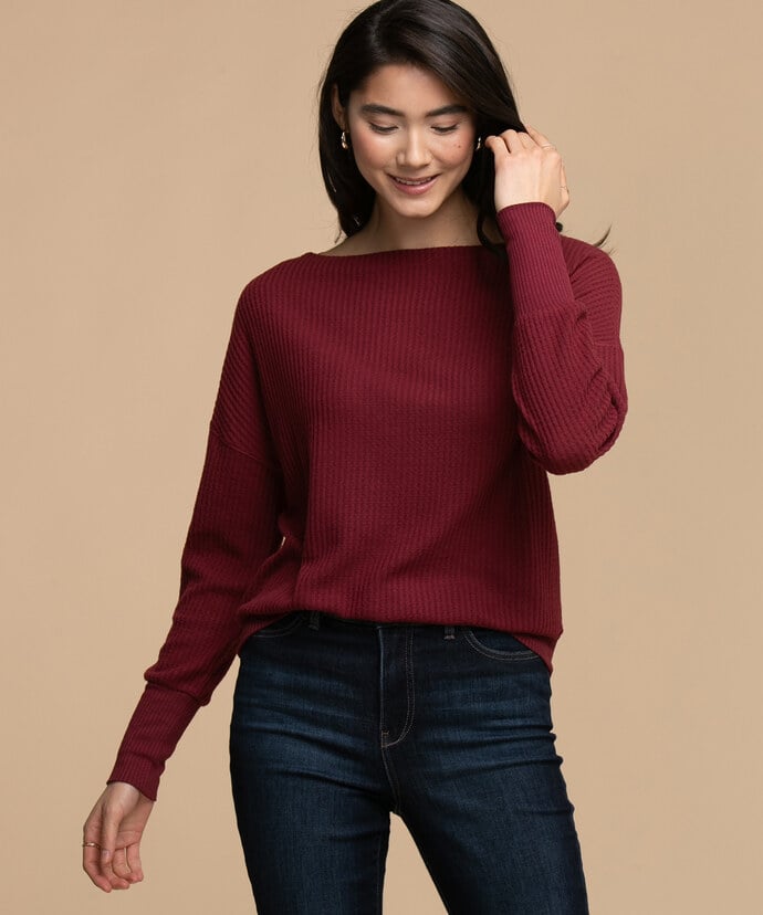 Waffle Knit Boat Neck Top Image 3