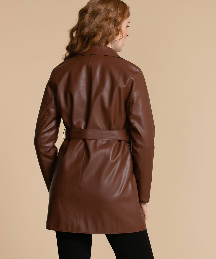 Belted Faux Leather Trench Coat 
