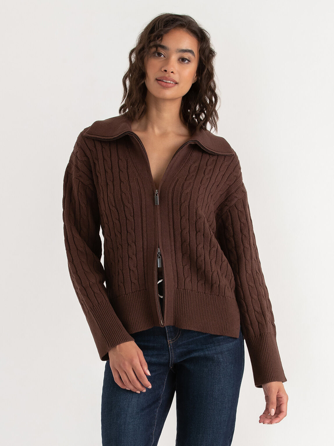 Cable knit zip front cardigan clearance