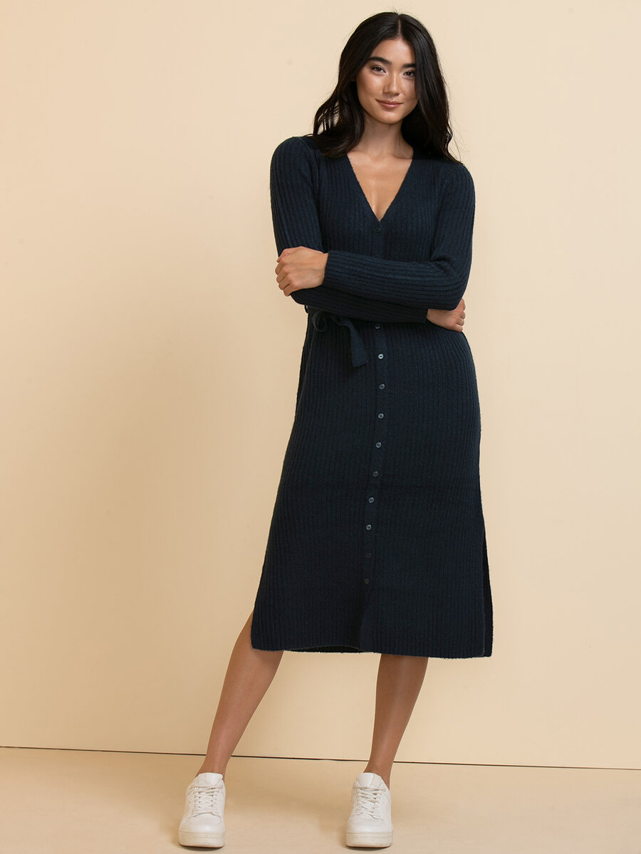 Belted Button-Front Sweater Dress 