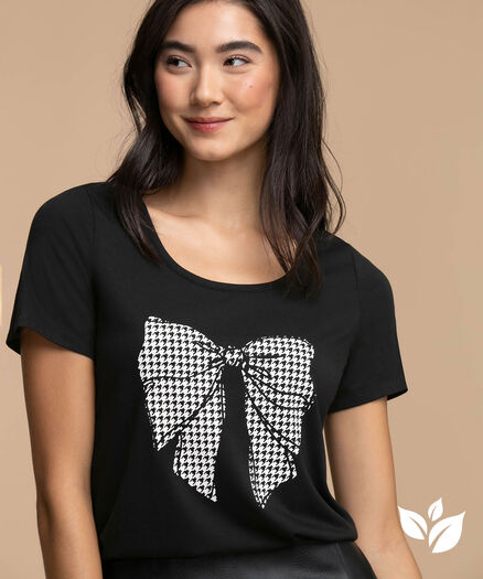 Eco-Friendly Scoop Neck Graphic Tee, Black/Houndstooth Bow