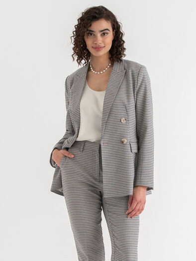 London Double-Breasted Relaxed Blazer in Luxe Tailored, Mini Brown Houndstooth London Double-Breasted Relaxed Blazer in Luxe Tailored, Mini Brown Houndstooth