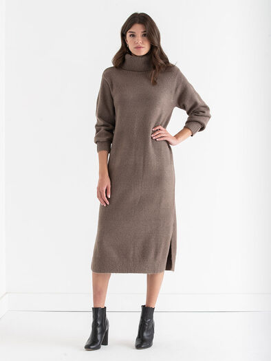 Turtleneck Maxi Sweater Dress, Chocolate Brown Turtleneck Maxi Sweater Dress, Chocolate Brown