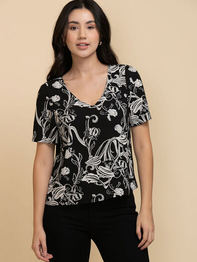 Vera Short Sleeve 2-Layer Essential V-Neck Blouse, Black/White Floral