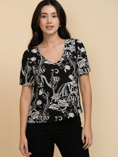 Vera Short Sleeve 2-Layer Essential V-Neck Blouse, Black/White Floral Vera Short Sleeve 2-Layer Essential V-Neck Blouse, Black/White Floral