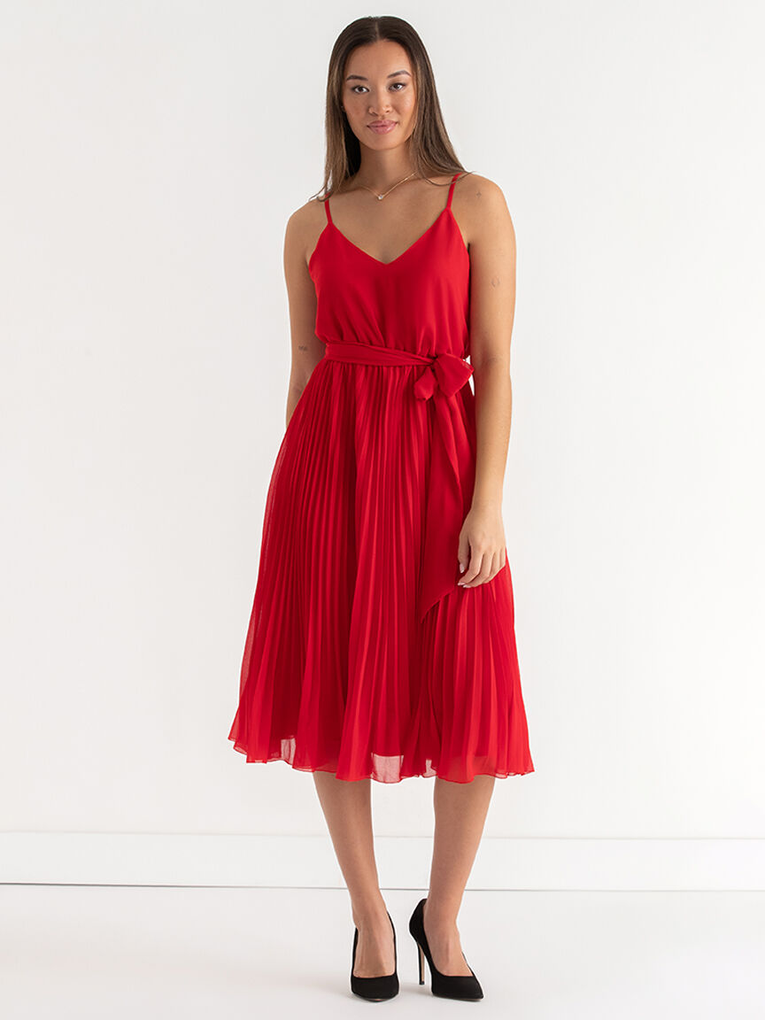 V Neck Pleated Skirt Midi Dress Ricki s Size XS Goji Berry Colour