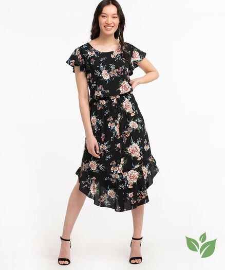 Eco-Friendly Curved Hem Skirt, Black Floral