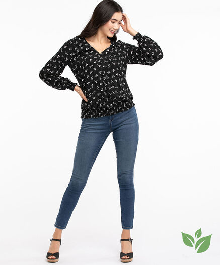 Eco-Friendly Smocked Button Front Blouse, Black Floral