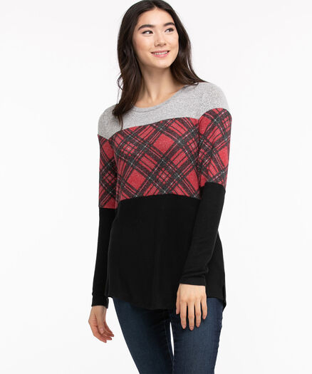 Patterned Colourblock Tunic Top, Red Plaid Print