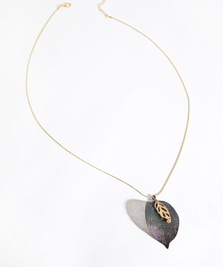 Mesh Leaf Pendant Necklace, Gold/Black