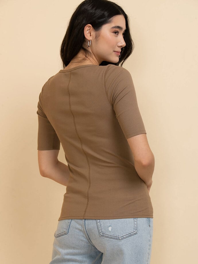 Ribbed Scoop Neck Top with Elbow Sleeves Image 5