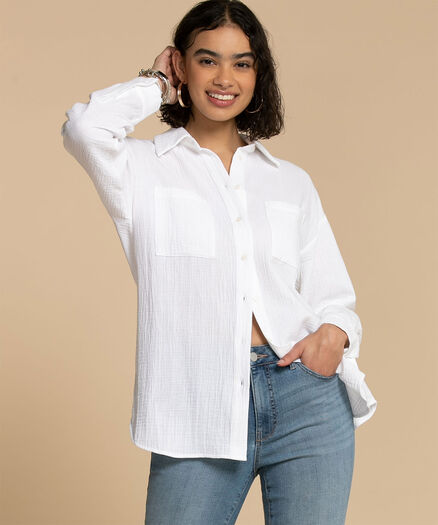 Collared Button Down Long Sleeve Shirt, White
