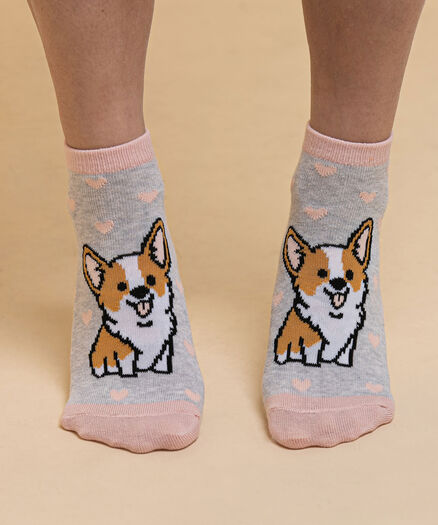 Corgie with Hearts Ankle Socks, Grey/Pink