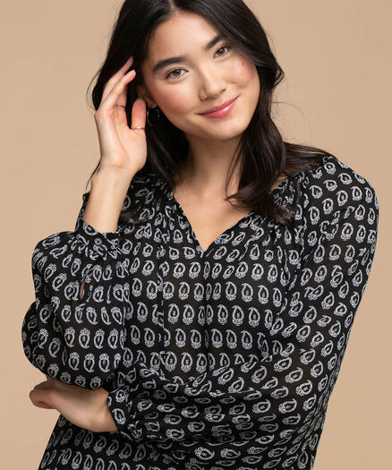 Long Sleeve Peasant Blouse, Black/White Lucky Paisley Long Sleeve Peasant Blouse, Black/White Lucky Paisley