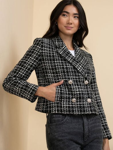 Cropped Boucle Blazer, Black/White Cropped Boucle Blazer, Black/White