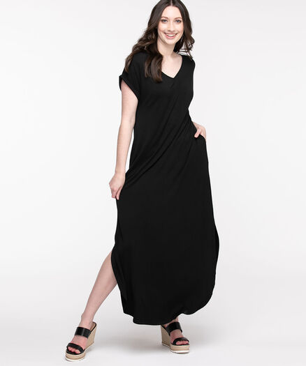 Pocketed T-Shirt Maxi Dress, Black Pocketed T-Shirt Maxi Dress, Black