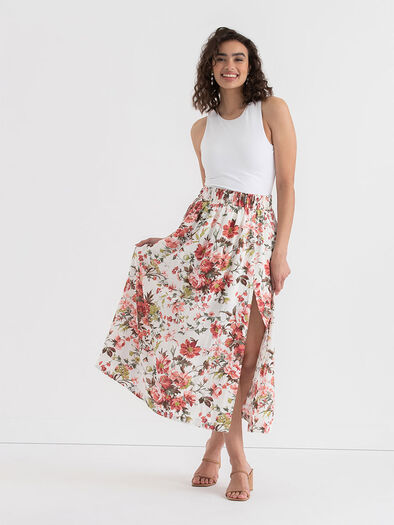 Viscose Linen Midi Skirt with Slit, Floral Print Viscose Linen Midi Skirt with Slit, Floral Print