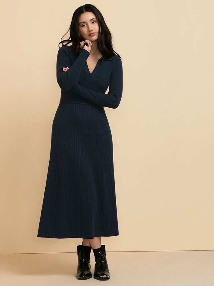 Polo Collar Ribbed Sweater Dress Image 4