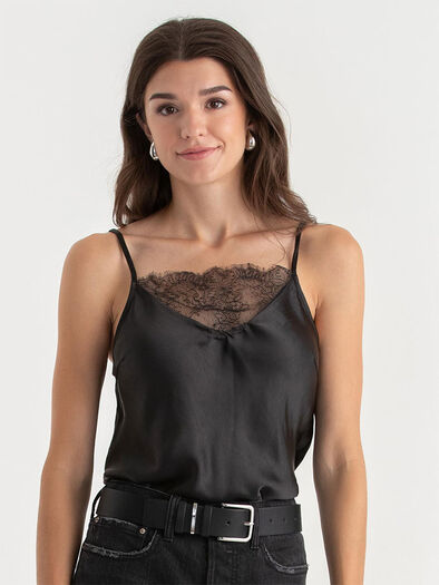 Satin Lace Camisole, Black Satin Lace Camisole, Black