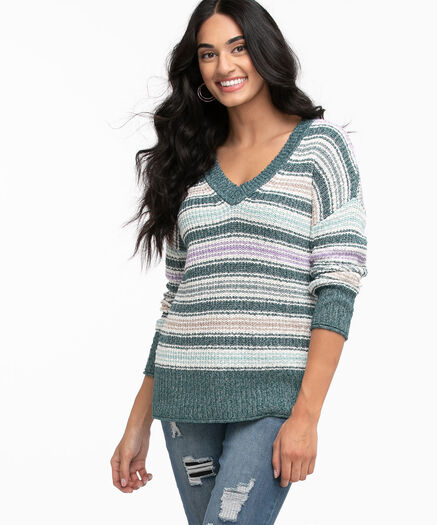 V-Neck Striped Knit Sweater, Atlantic Deep