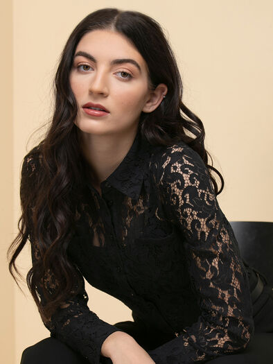 Long Sleeve Collared Button-Front Lace Shirt, Black Long Sleeve Collared Button-Front Lace Shirt, Black