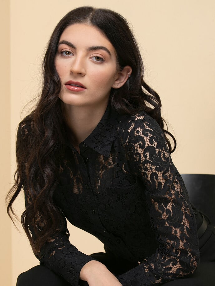Long Sleeve Collared Button-Front Lace Shirt Image 1