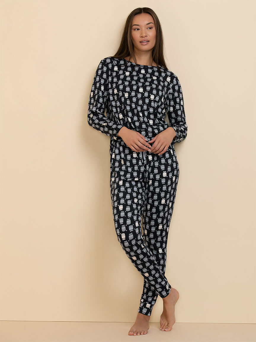 Long Sleeve Cat Print Pajama Set Rickis