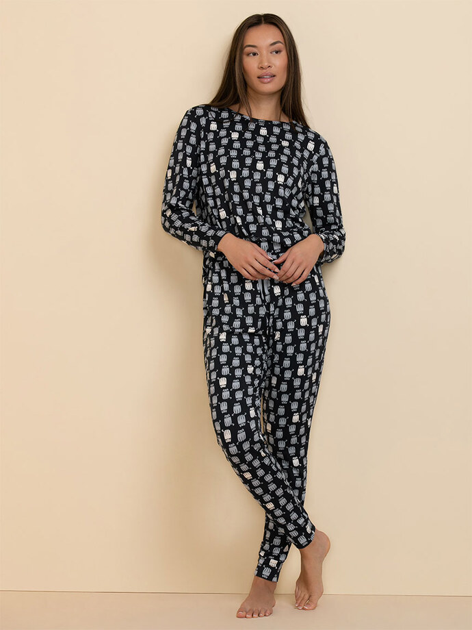 Long Sleeve Cat Print Pajama Set Image 1