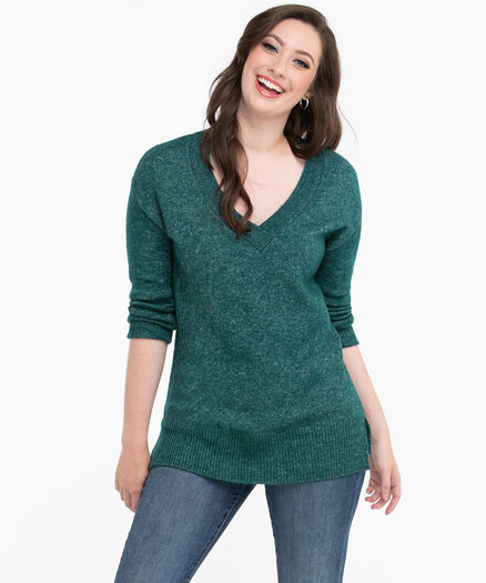 V-Neck Pointelle Sleeve Sweater, Deep Teal