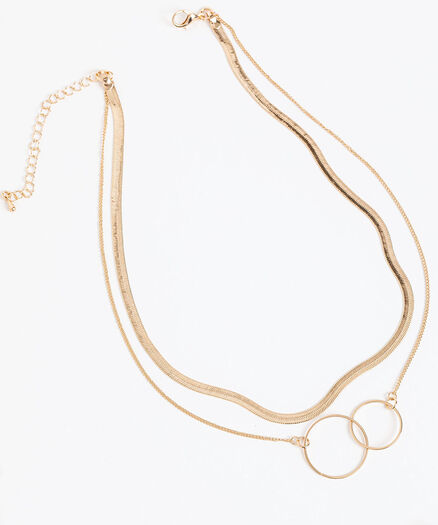 Snake Chain & Double Ring Layered Necklace, Gold