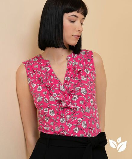 Sleeveless Top with Ruffle Placket, Pink Floral