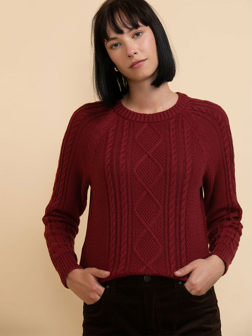 Burgundy cable knit sweater shop