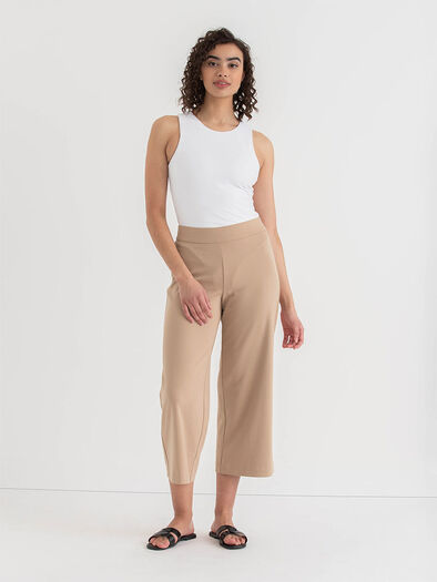 Wide Crop Pull-On Pant in Ponte Twill, Taupe Wide Crop Pull-On Pant in Ponte Twill, Taupe