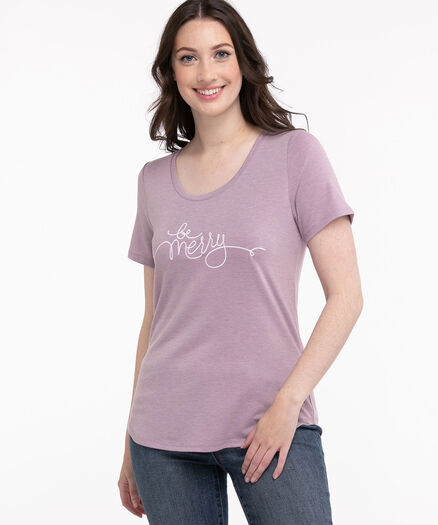 Scoop Neck Shirttail Embroidered Tee, Be Merry