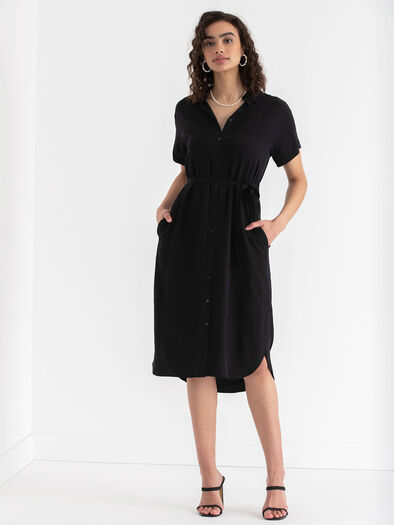 Short Sleeve Belted Shirt Dress, Black Short Sleeve Belted Shirt Dress, Black